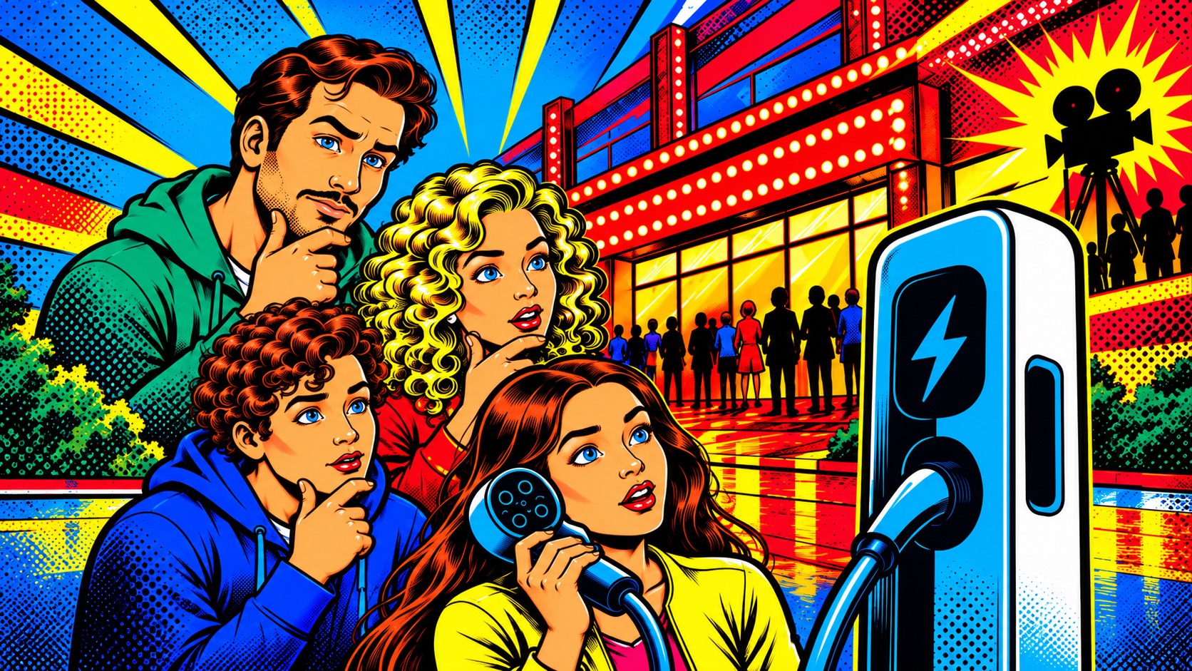Comic-Illustration: Eine nachdenkliche Familie steht vor einem Kino neben einer Ladesäule für Elektroautos.