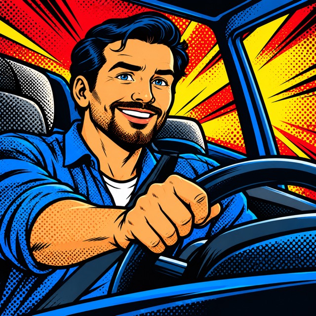 Comic-Illustration eines lächelnden Autofahrers am Steuer