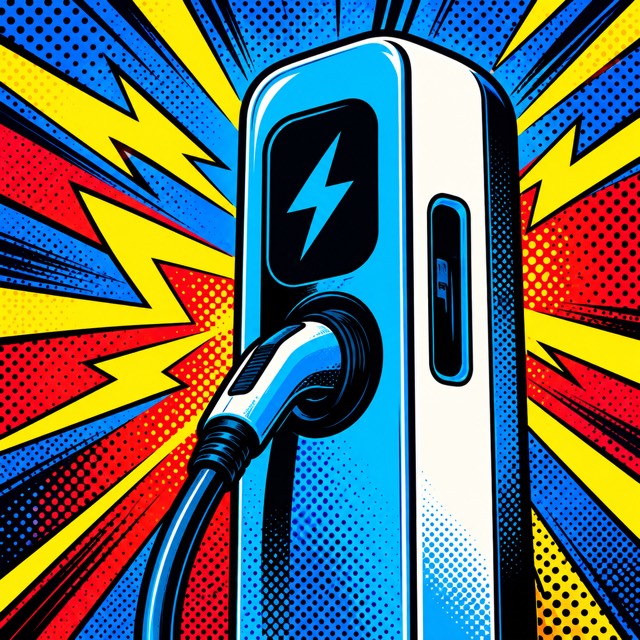 Comic-Illustration einer Ladesäule mit eingestecktem Ladekabel