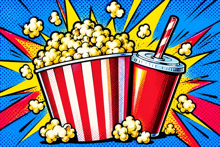 Comic-Illustration von Popcorn und einem Becher Limonade